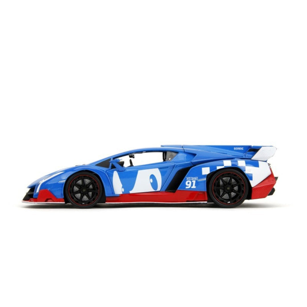 Jada Sonic Classic Lamborghini Veneno 1:24 Diecast Model Car with Sonic Figure – Blue & Red
