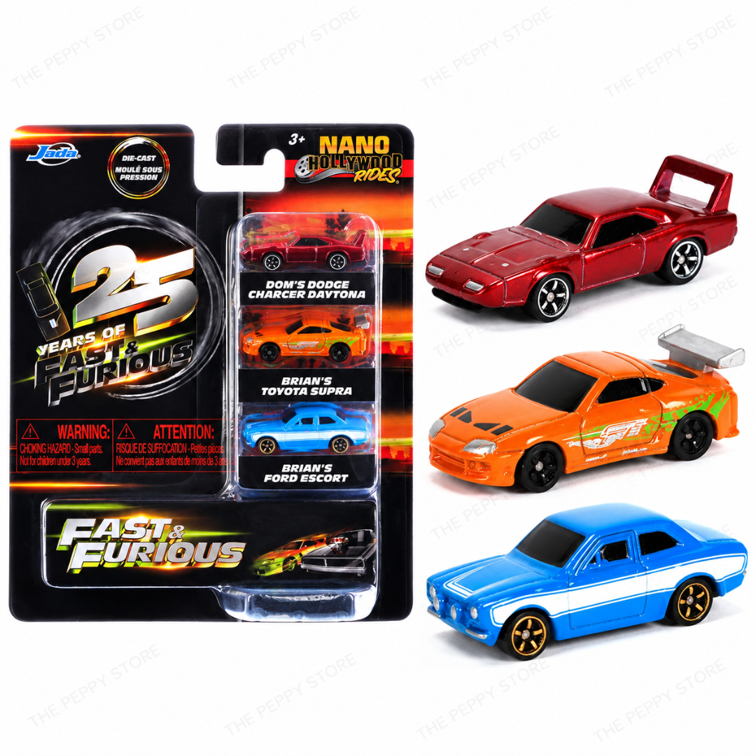 Jada Toys Fast & Furious 25th Anniversary 3-Piece Nano Hollywood Rides Diecast Car Set – Series 3
