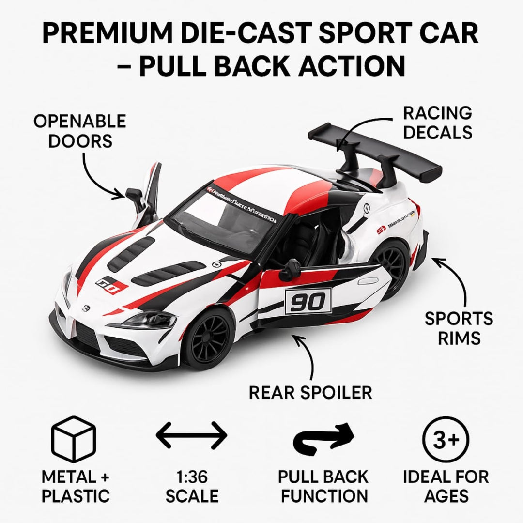 Kinsmart Toyota GR Supra Racing Diecast Model Car 1:36 – White & Red