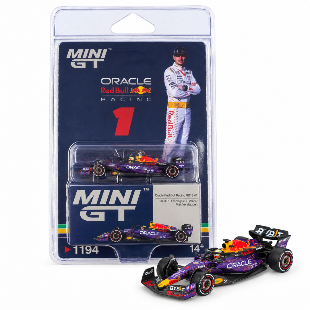 MINI GT Imported Oracle Red Bull Racing RB19 #1 Max Verstappen 2023 Las Vegas GP Winner 1:64 Diecast Car #1194 – Blister Packaging