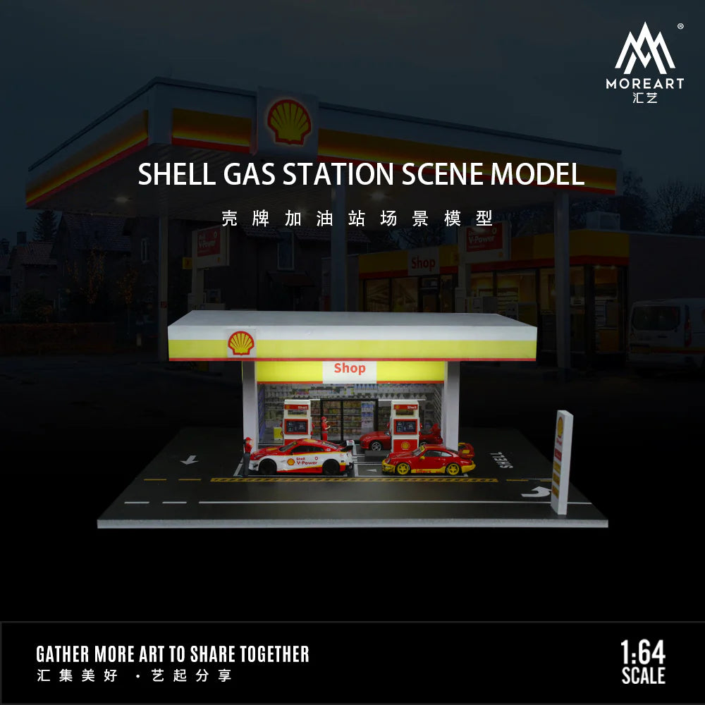 MOREART 1:64 Scale Shell Gas Station Diorama with LED Lighting | Premium Diecast Display Scene |