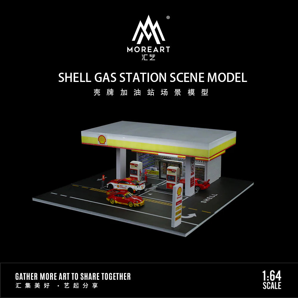 MOREART 1:64 Scale Shell Gas Station Diorama with LED Lighting | Premium Diecast Display Scene |