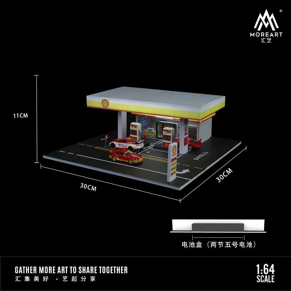 MOREART 1:64 Scale Shell Gas Station Diorama with LED Lighting | Premium Diecast Display Scene |