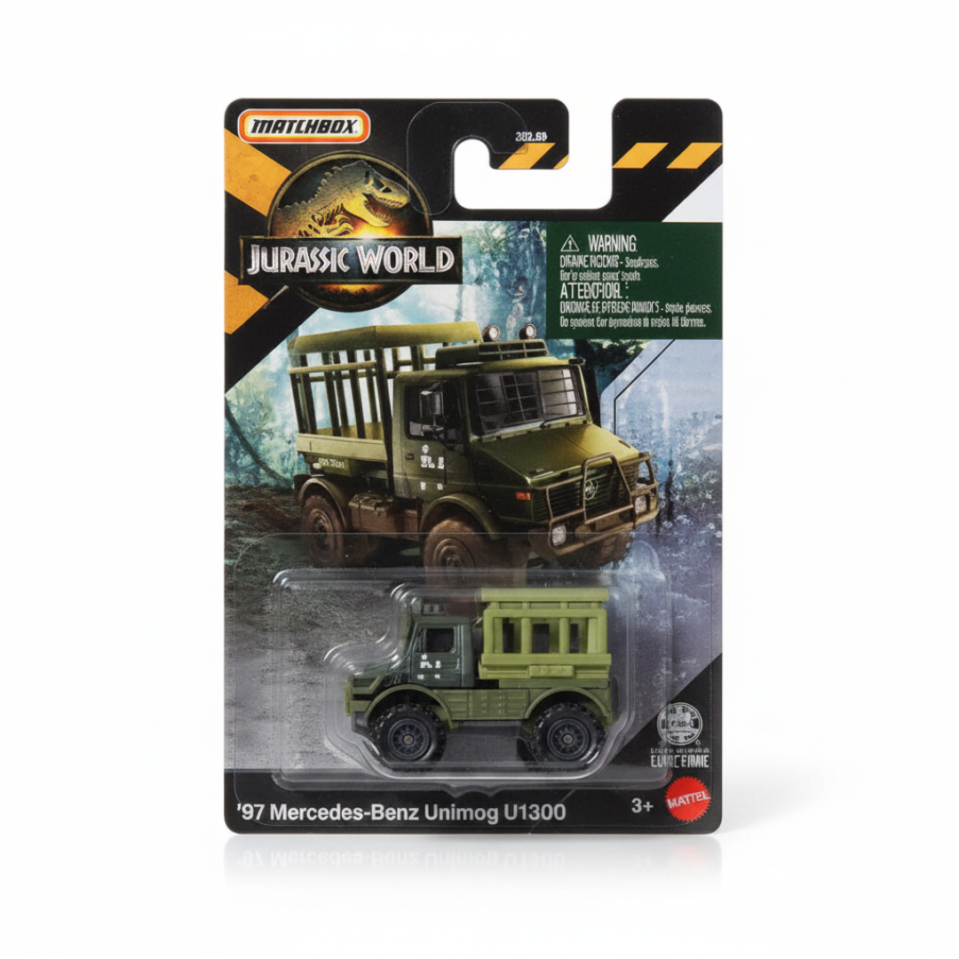 Matchbox Imported Jurassic World '97 Mercedes-Benz Unimog U1300 Diecast Toy Truck| 1:64 Scale