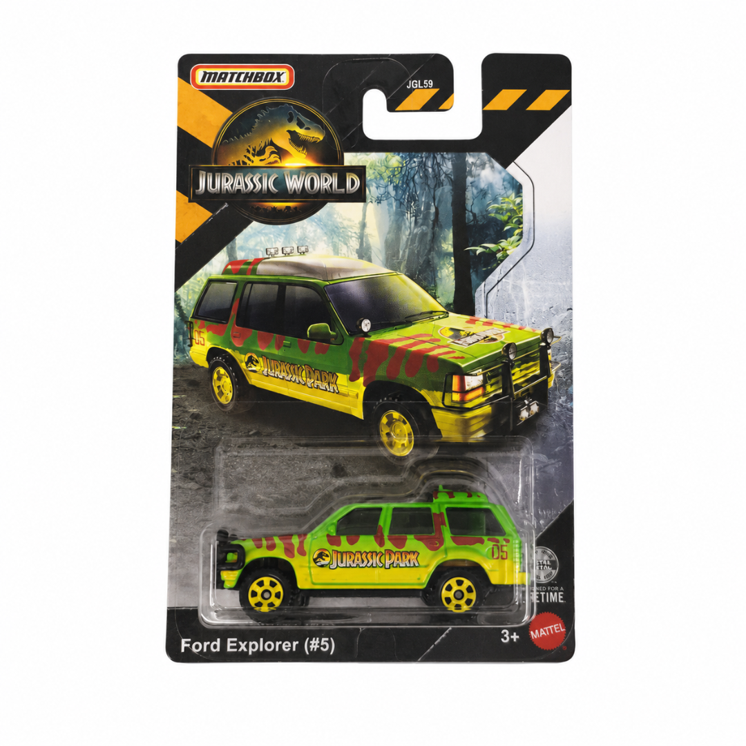 Matchbox Imported Jurassic World Ford Explorer (#5) Diecast Toy Car| 1:64 Scale