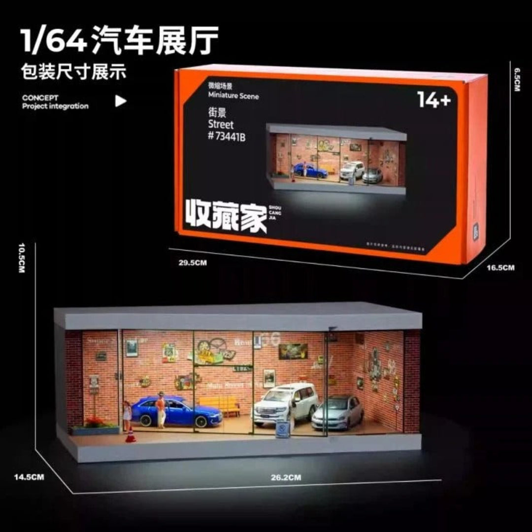Miniature Street Car Showroom Diorama Display Case with LED Lighting & Sliding Door 1:64 Scale SCJ #73441B