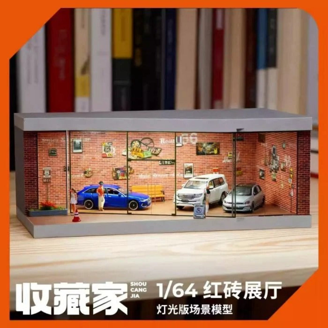 Miniature Street Car Showroom Diorama Display Case with LED Lighting & Sliding Door 1:64 Scale SCJ #73441B