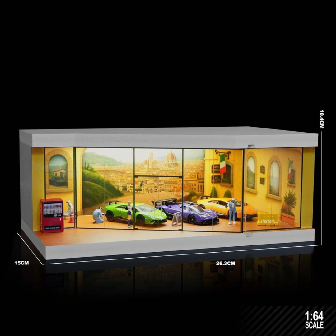 Miniature Street Luxury Car Showroom Diorama Display with LED Lighting 1:64 Scale SCJ #73441D