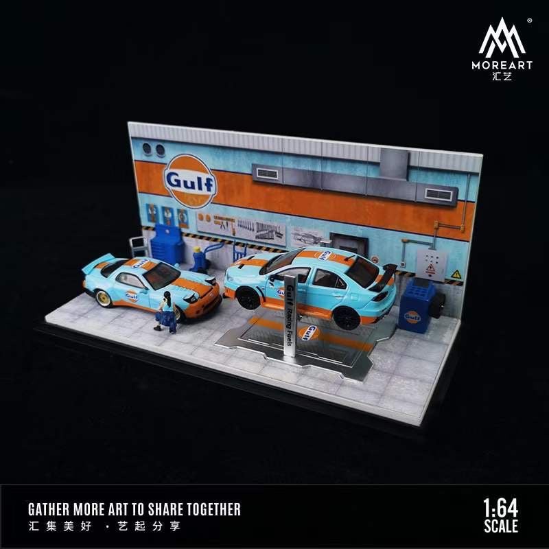 MoreArt Gulf Automobile Repair Workshop Diorama – 1:64 Scale Garage Display Scene for Diecast Cars