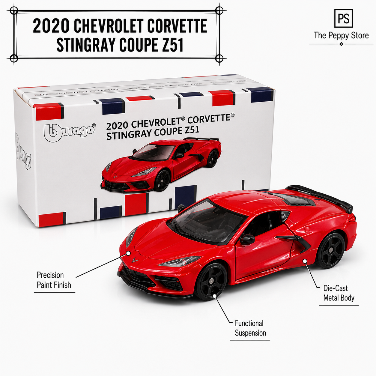 Official Bburago 2020 Chevrolet Corvette Stingray Coupe Z51 - Red - 1 : 64 Diecast Scale Model