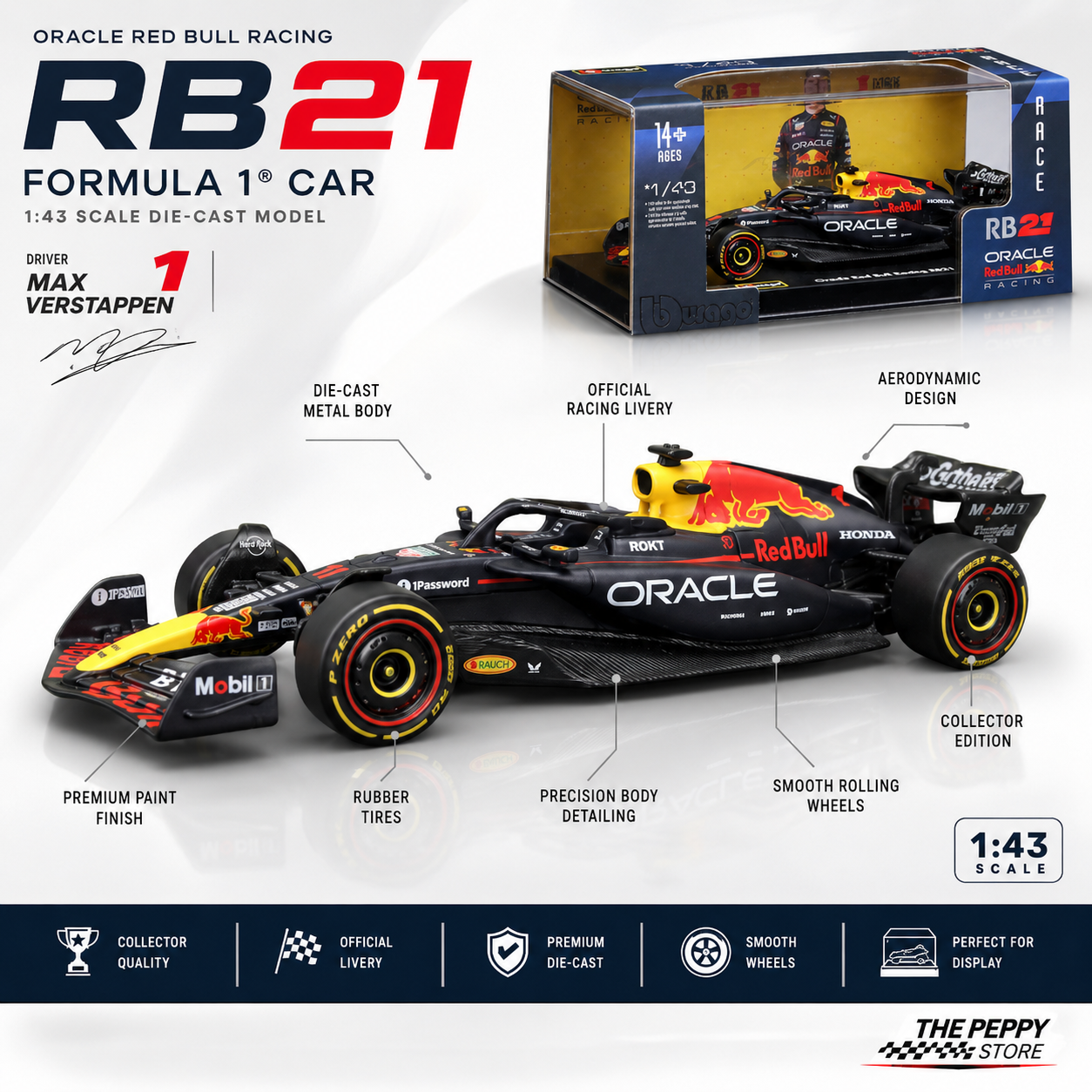 Official Bburago 2025 RedBull RB-21 No. 1 Max Verstappen  Bahrain GP - Scale 1 : 43 Diecast Scale Model