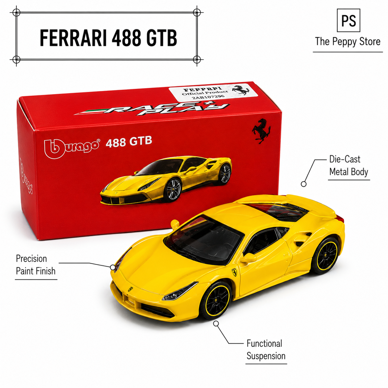 Official Bburago 488 GTB - 1 : 64 Diecast Scale Model