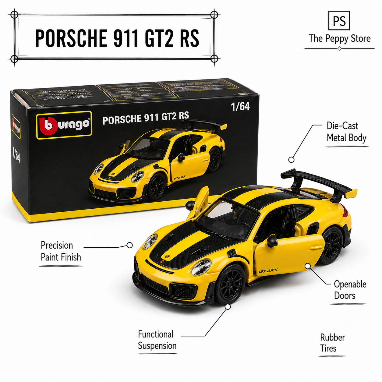 Official Bburago Porsche 911 GT2 RS Yellow - 1 : 64 Diecast Scale Model