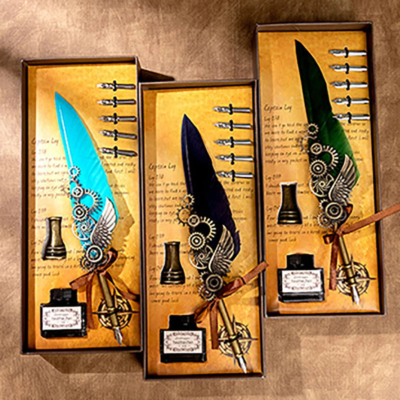 Feather Pen Set of 8 - With Ink, Penholder and Nib - (Select From Drop Down Menu)