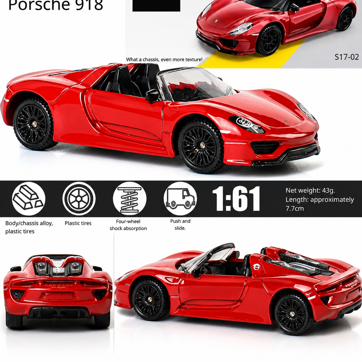 CCA 1:61 Porsche 918 Spyder Diecast Model – Premium Alloy Supercar with Suspension