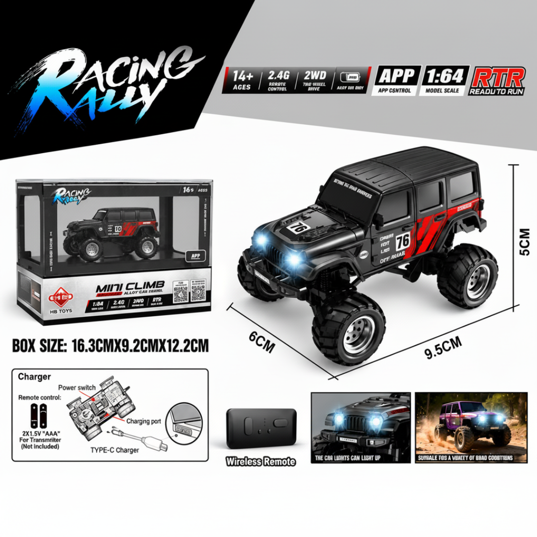 Racing Rally Mini Climb 1:64 2WD RC Car – 2.4GHz App Control