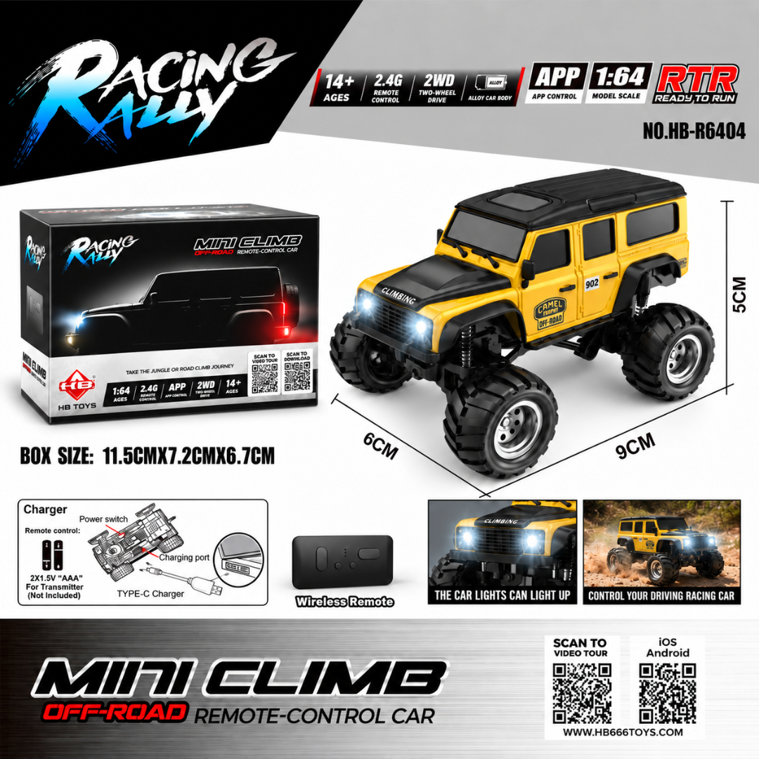 Racing Rally Mini Climb 1:64 2WD RC Car – Yellow Off-Road | 2.4GHz APP Control