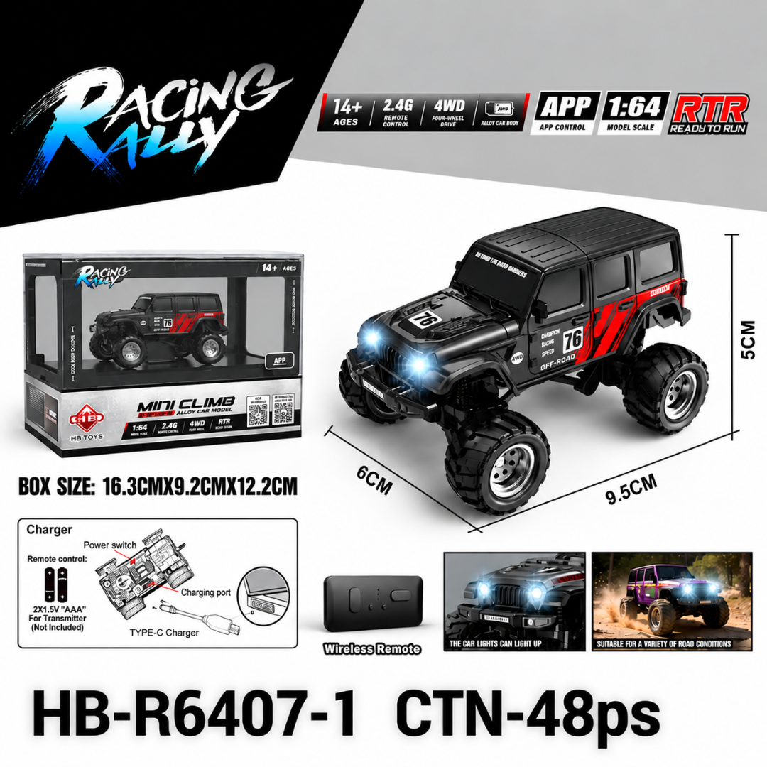 Racing Rally Mini Climb 1:64 4WD RC Car – 2.4GHz App Control