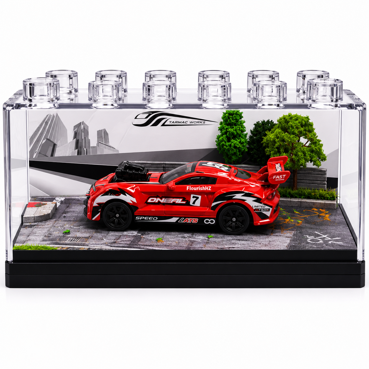 Red Racing Car Miniature Diorama Display – Premium Trackside Scene with Acrylic Case