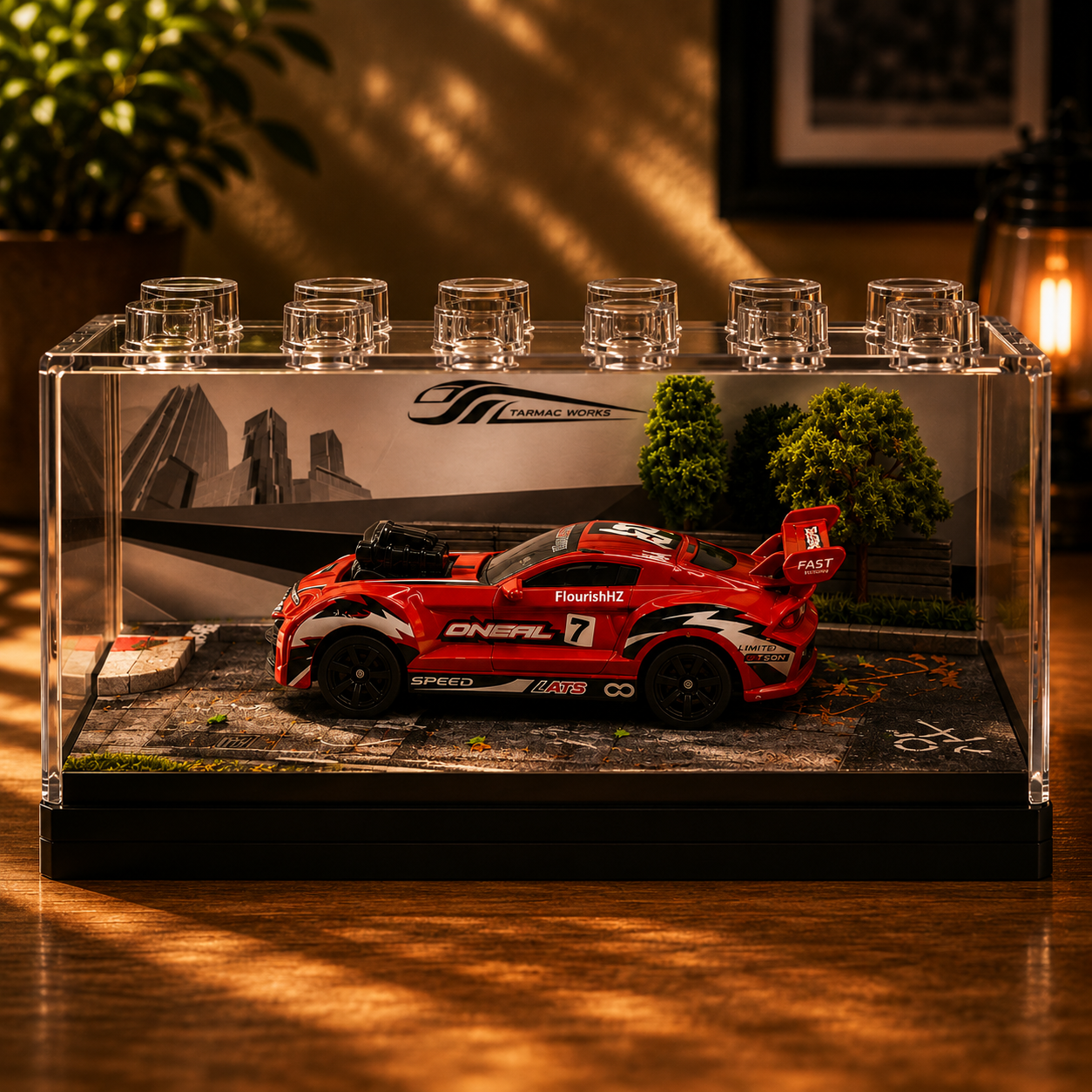 Red Racing Car Miniature Diorama Display – Premium Trackside Scene with Acrylic Case