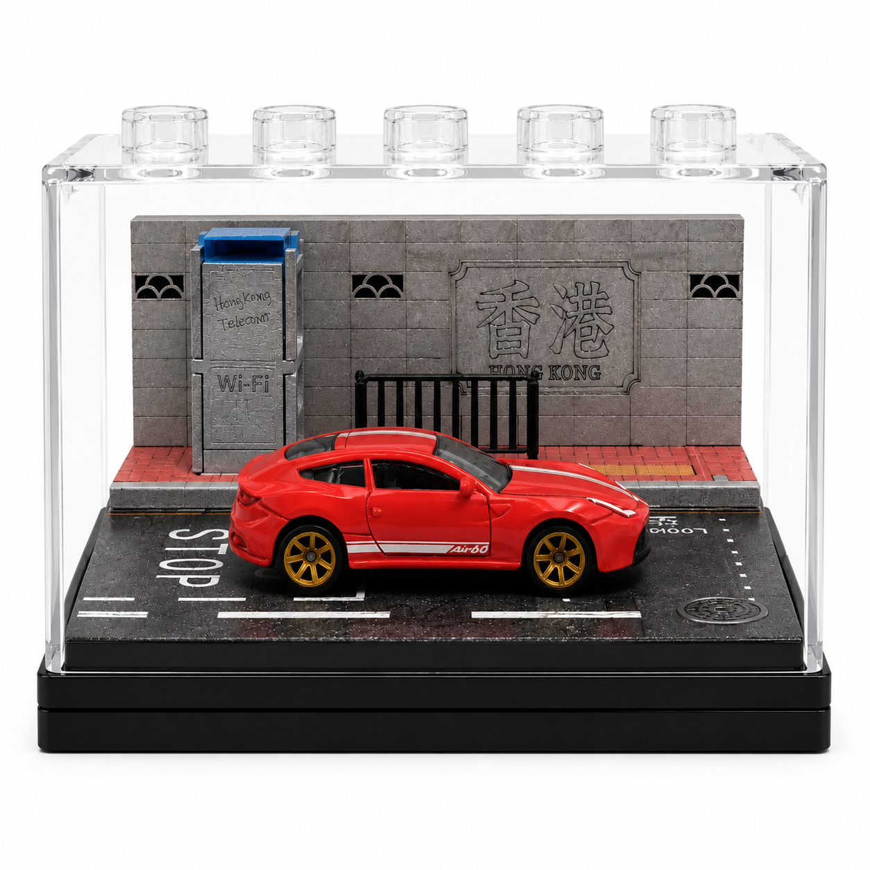 Red Sports Car Miniature Diorama Display – Premium City Street Scene with Acrylic Case