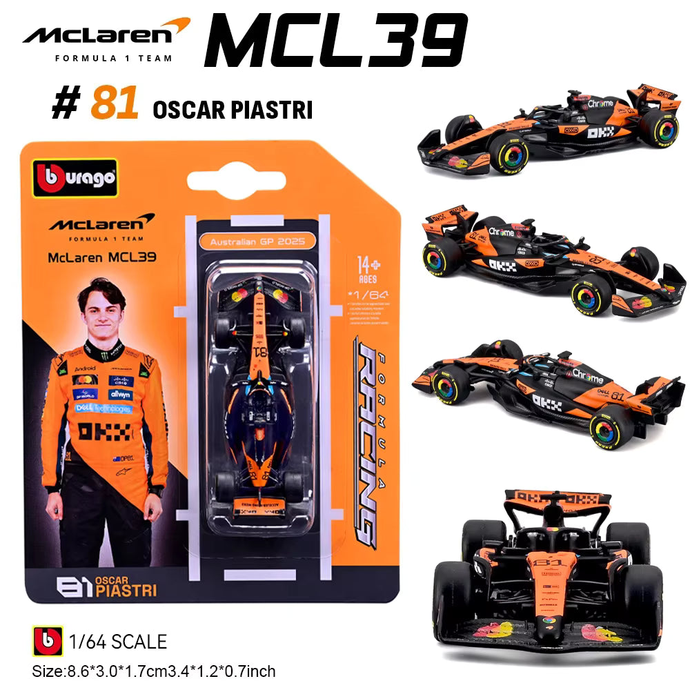 Official Bburago Formula Racing F1 Team 1 : 64 Diecast Scale Model - Mclaren MCL39 81 Oscar Piastri