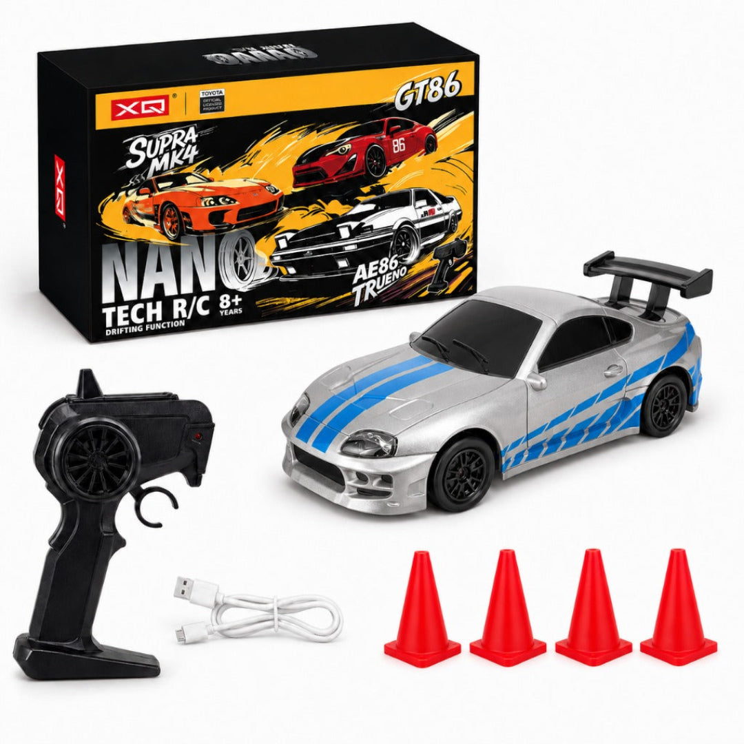 Toyota Supra MK4 Style Remote Control Drift Car with LED Headlights, Wireless Remote, Rechargeable Battery, Racing Cones & USB Charging Cable – Silver & Blue 1:64 Scale