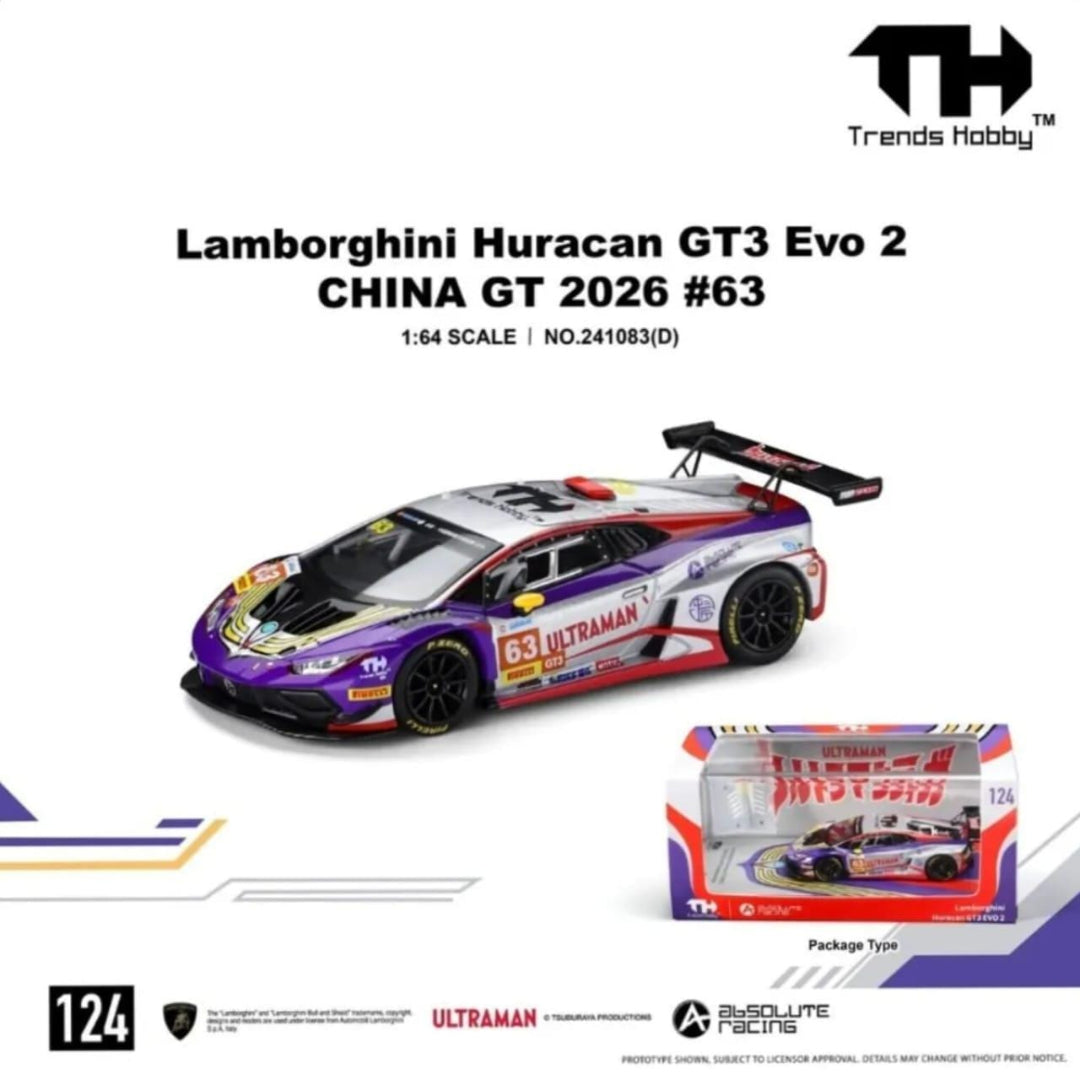 Trends Hobby Lamborghini Huracan GT3 EVO 2 #63 Ultraman China GT 2026 1:64 Diecast Model Car – TH-124