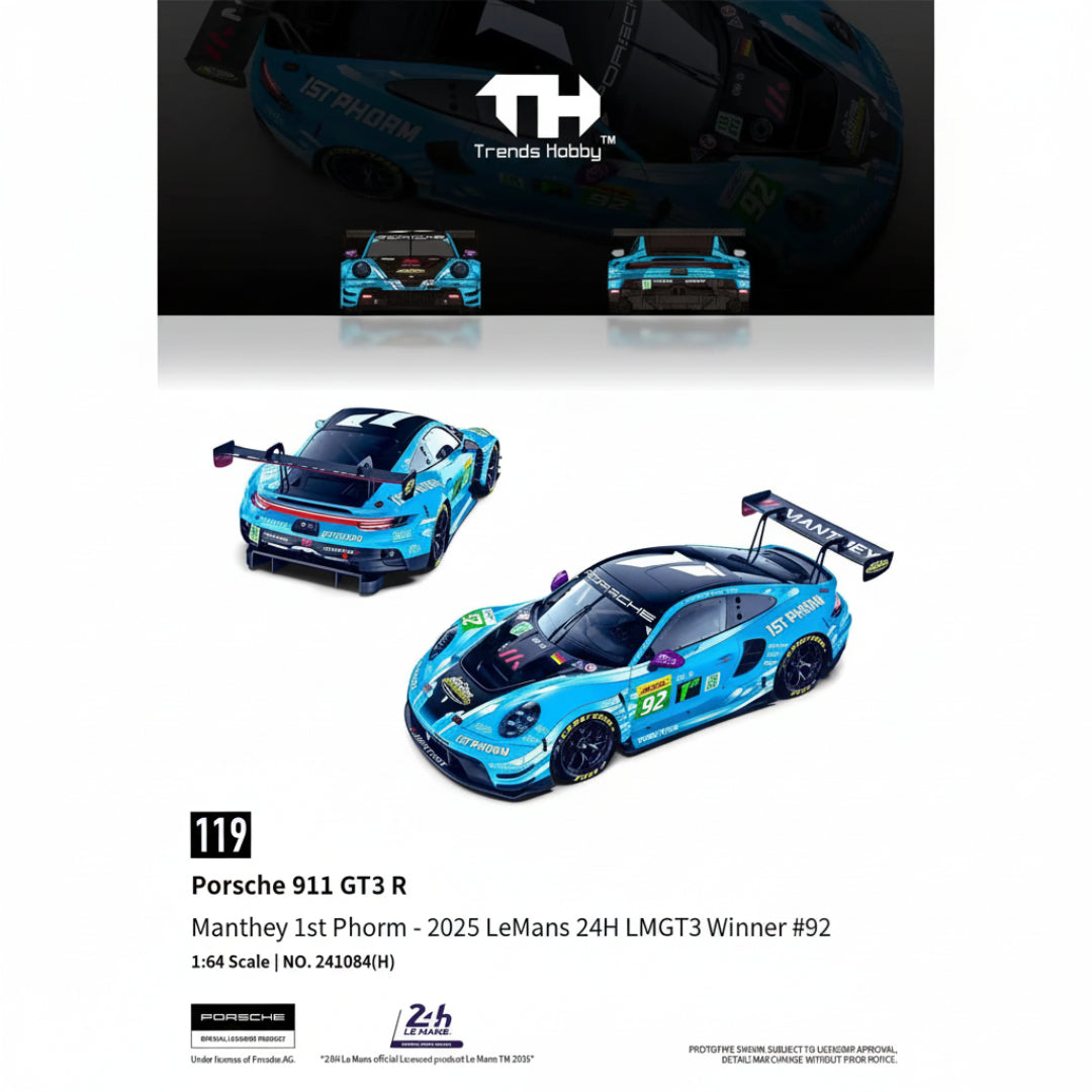 Trends Hobby Porsche 911 GT3 R Manthey 1st Phorm 2025 Le Mans 24H LMGT3 Winner #92 1:64 Diecast Model Car– TH-119