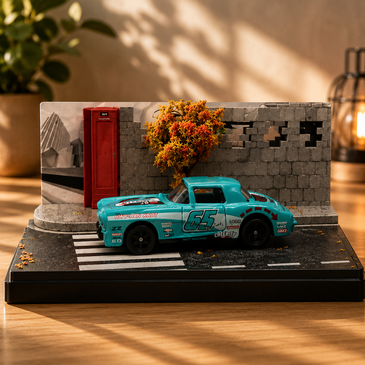 Turquoise Racing Car Miniature Diorama Display – Premium Urban Street Scene with Acrylic Case