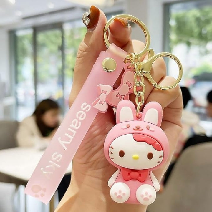 Cute Hello Kitty Cat 3D Silicon Keychain with Bagcharm and Strap (Select From Drop Down)