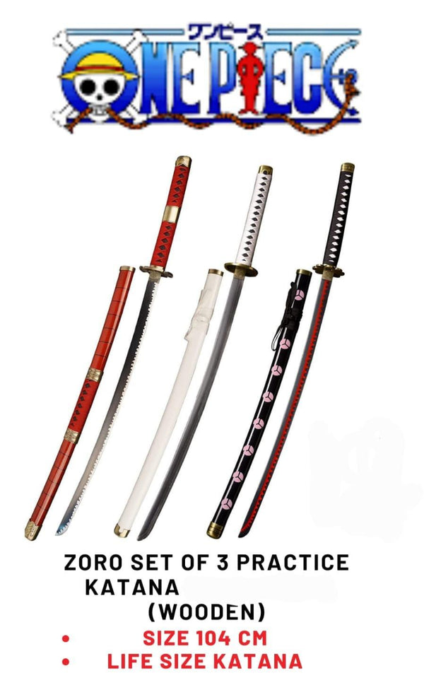 One Piece Roronoa Zoro Set of 3 Practice Wooden Katana Sword - No COD Allowed On This Product - Prepaid Orders Only - ThePeppyStore
