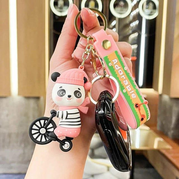 Panda On Bicycle Silicon Keychain With Bagcharm and Strap (Select From Drop Down)