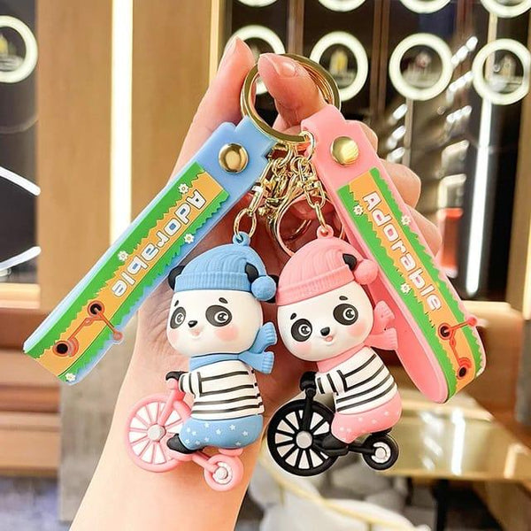 Panda On Bicycle Silicon Keychain With Bagcharm and Strap (Select From Drop Down)