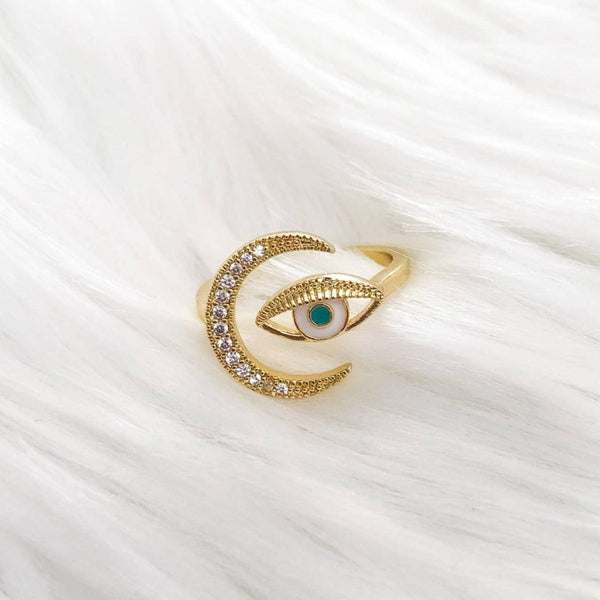 Crescent Moon Evil Eye Ring - ThePeppyStore