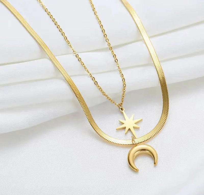 Moon And Star Double Layered Necklace - ThePeppyStore