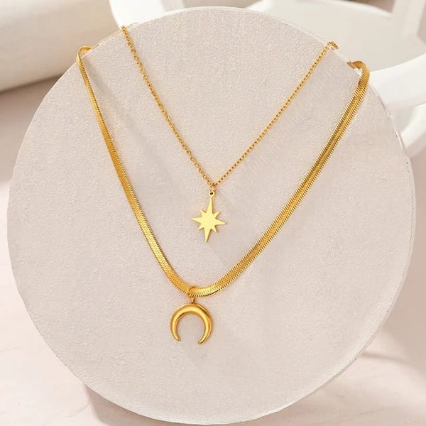 Moon And Star Double Layered Necklace