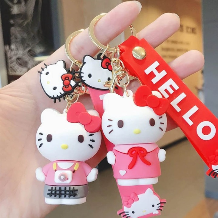 Cute Hello Kitty Cat 3D Silicon Keychain with Bagcharm and Strap (Select From Drop Down)