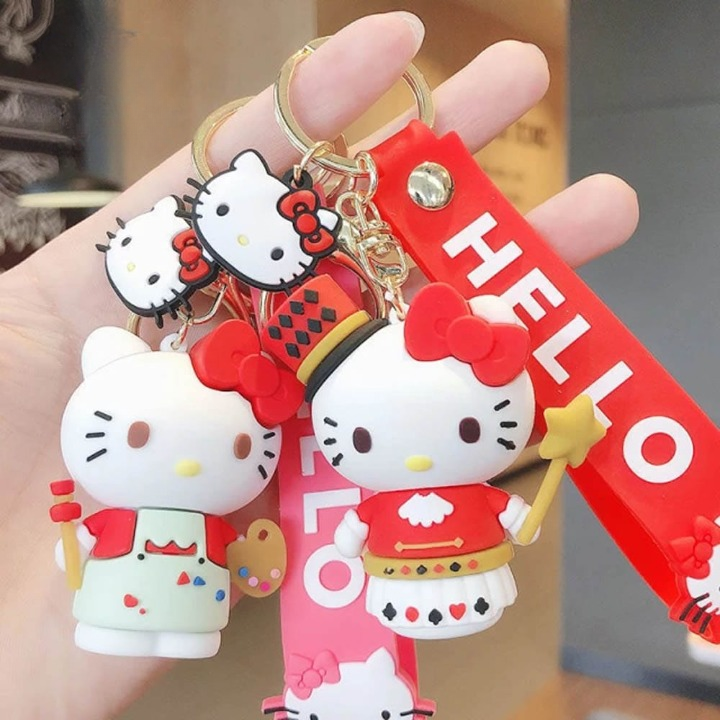 Cute Hello Kitty Cat 3D Silicon Keychain with Bagcharm and Strap (Select From Drop Down)