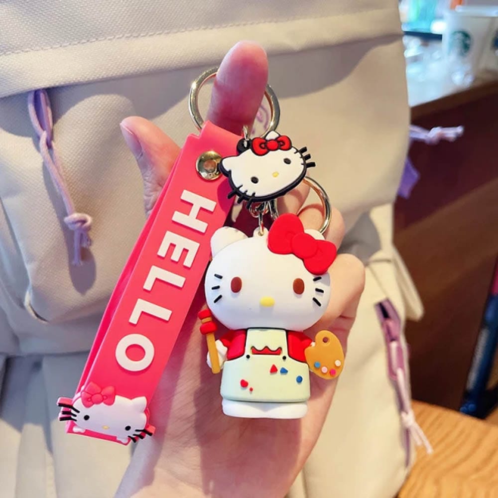 Cute Hello Kitty Cat 3D Silicon Keychain with Bagcharm and Strap (Select From Drop Down)