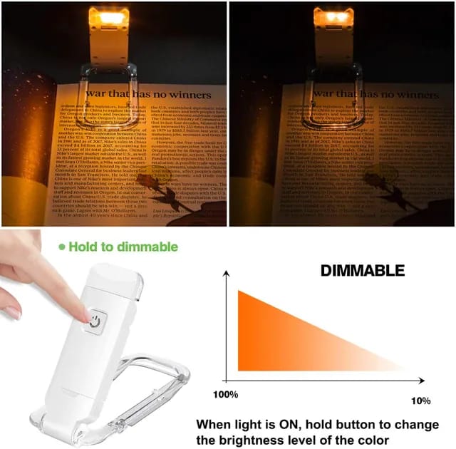 USB Rechargeable Book Reading Light Adjustable Brightness LED Clip on Book Light Eye Care Book Lamp - White. Light color Yellow
