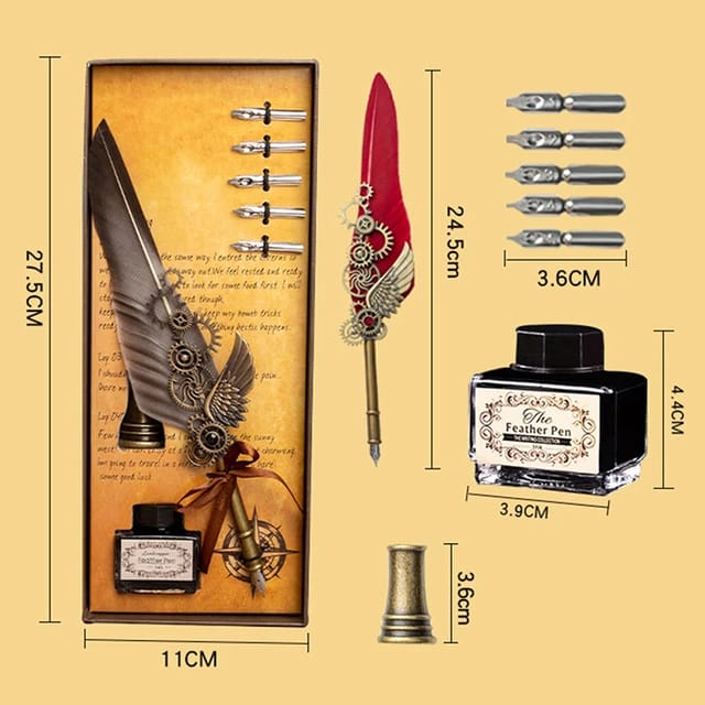 Feather Pen Set of 8 - With Ink, Penholder and Nib - (Select From Drop Down Menu)