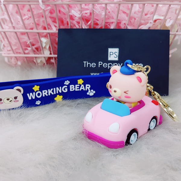 Cute Bear In Car 3D Silicon Keychain With Bagcharm and Strap