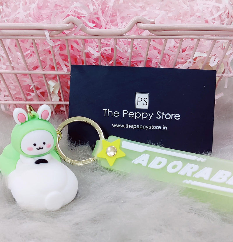 Cute Bunny In Car 3D Silicon Keychain With Bagcharm and Strap