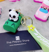 Cute Panda In Car 3D Silicon Keychain With Bagcharm and Strap