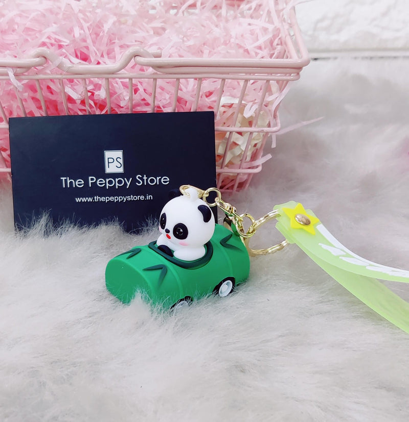 Cute Panda In Car 3D Silicon Keychain With Bagcharm and Strap