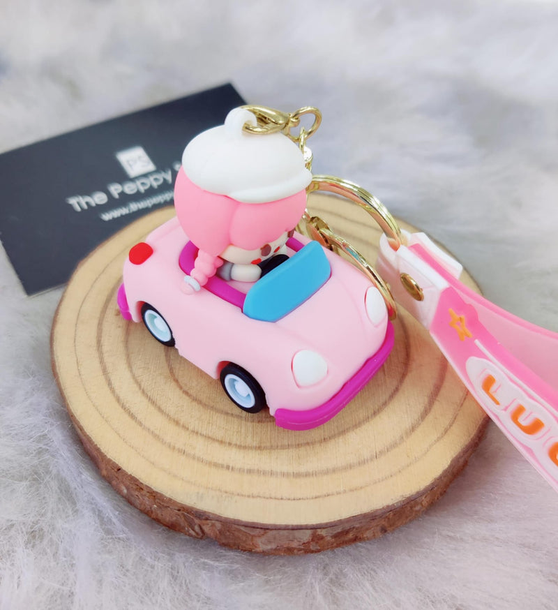 Cute Girl In Car 3D Silicon Keychain With Bagcharm and Strap
