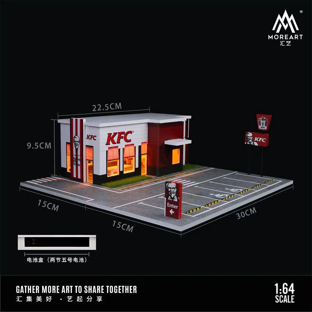 MoreArt KFC Restaurant Parking Diorama with LED Lighting – 1:64 Scale Display Scene for Diecast Cars