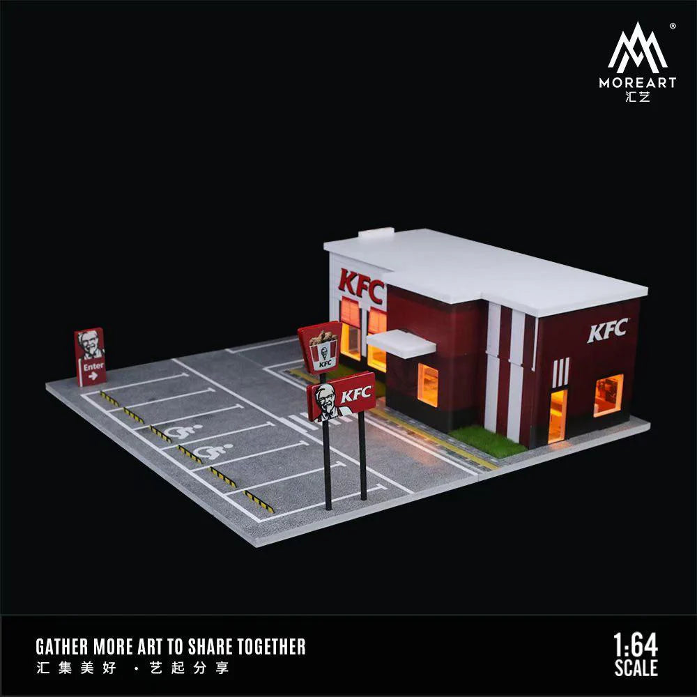 MoreArt KFC Restaurant Parking Diorama with LED Lighting – 1:64 Scale Display Scene for Diecast Cars