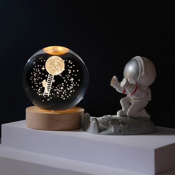 3D Crystal Astronaut Warm Led with Wood Base